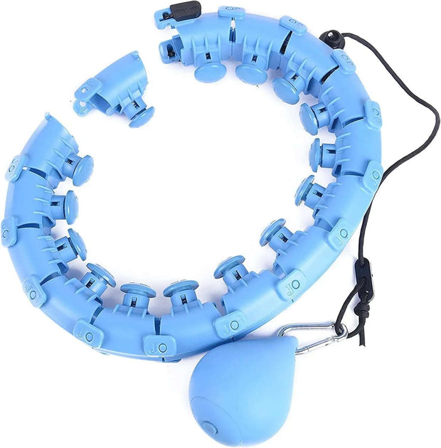 Adjustable blue weighted hula hoop designed for fitness and weight loss with detachable sections and massage features.