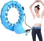 Weighted hula hoop for weight loss, designed for fitness and massage, shown with a woman exercising.