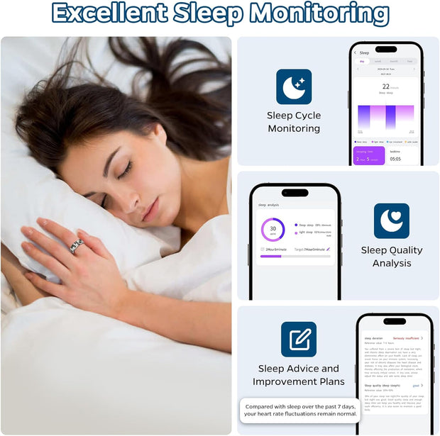 Smart Ring Health Tracker, Sleep Tracker Ring with Heart Rate, Waterproof Fitness Ring for Activity Monitoring/Steps/Distance/Calories, Air Gestures, up to 7-Day Battery, for Ios Android (Silver,#11)