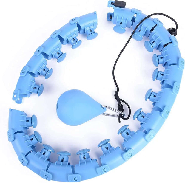 Weighted hula hoop in blue designed for fitness and weight loss with detachable components for adjustable sizes.