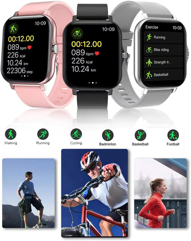Smart Fitness Tracker Watch for Android/Ios - IP68 Waterproof, Heart Rate/Blood Oxygen/Sleep Monitoring, 8 Sports Modes, Breath Training, Weather Updates - 1.69-Inch Display for Men and Women (Black)