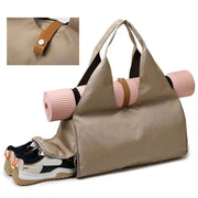Stylish waterproof sports bag for women with yoga mat and sneakers, perfect for gym and yoga classes.