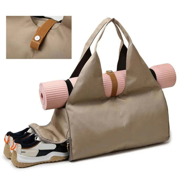 Stylish waterproof sports bag for women with yoga mat and sneakers, perfect for gym and yoga classes.
