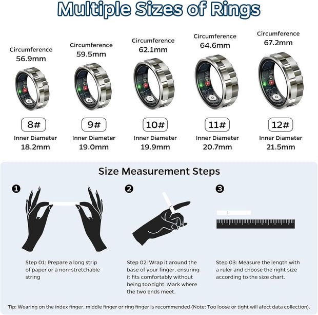 Smart Ring Health Tracker, Sleep Tracker Ring with Heart Rate, Waterproof Fitness Ring for Activity Monitoring/Steps/Distance/Calories, Air Gestures, up to 7-Day Battery, for Ios Android (Silver,#10)
